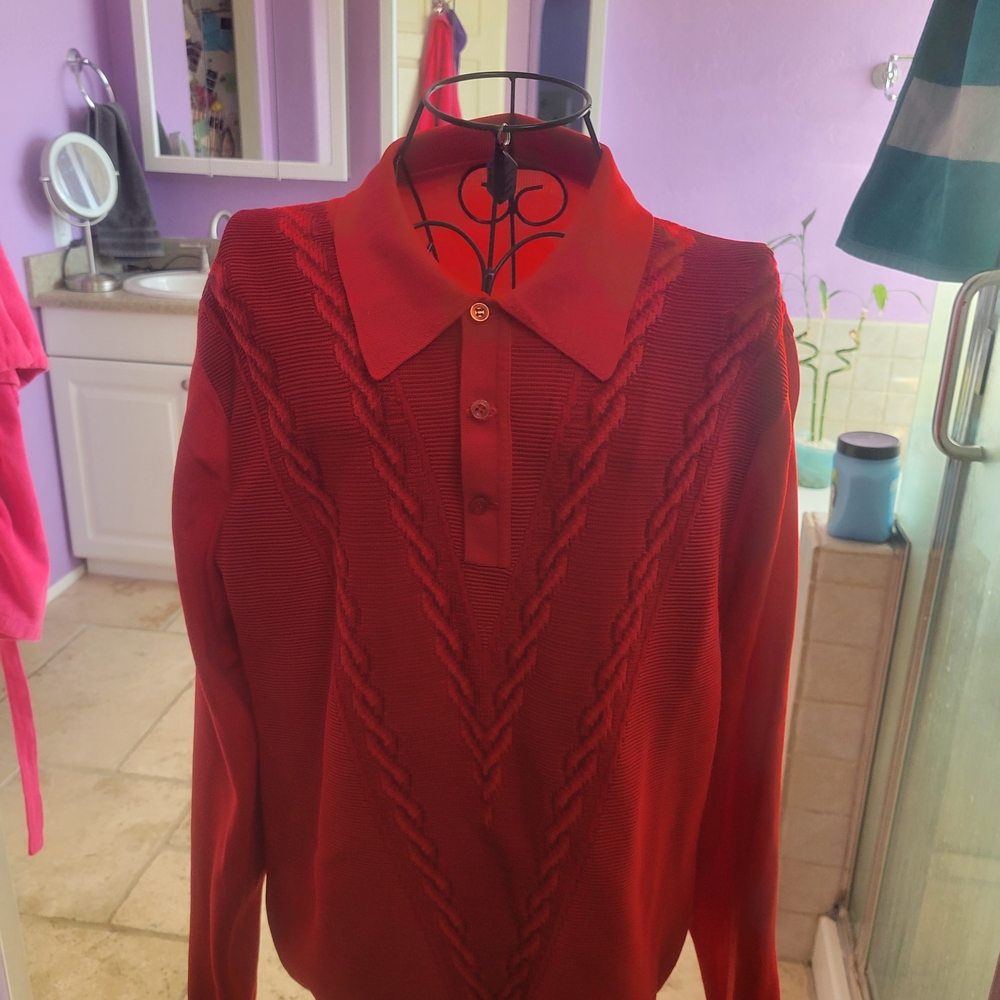Red Cable Knit Polo Sweater - Picture 5 of 12